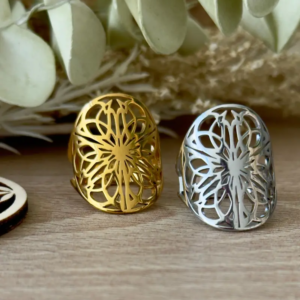 Bague Éclat Mandala dorée et argentée. bague ajustable acier inoxydable.