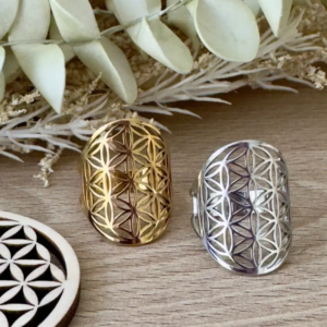 Bague fleur de vie énergie acier inoxydable doré et argenté vue de face