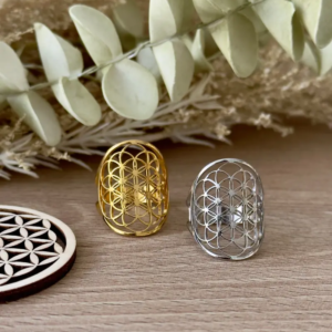 Bague Fleur de Vie Harmonie acier inoxydable doré et argenté réglable