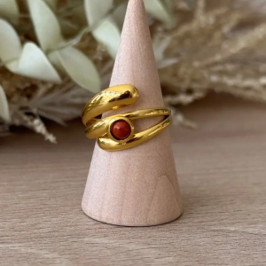 bague réglable pierre naturelle acier inoxydable doré jaspe rouge cabochon