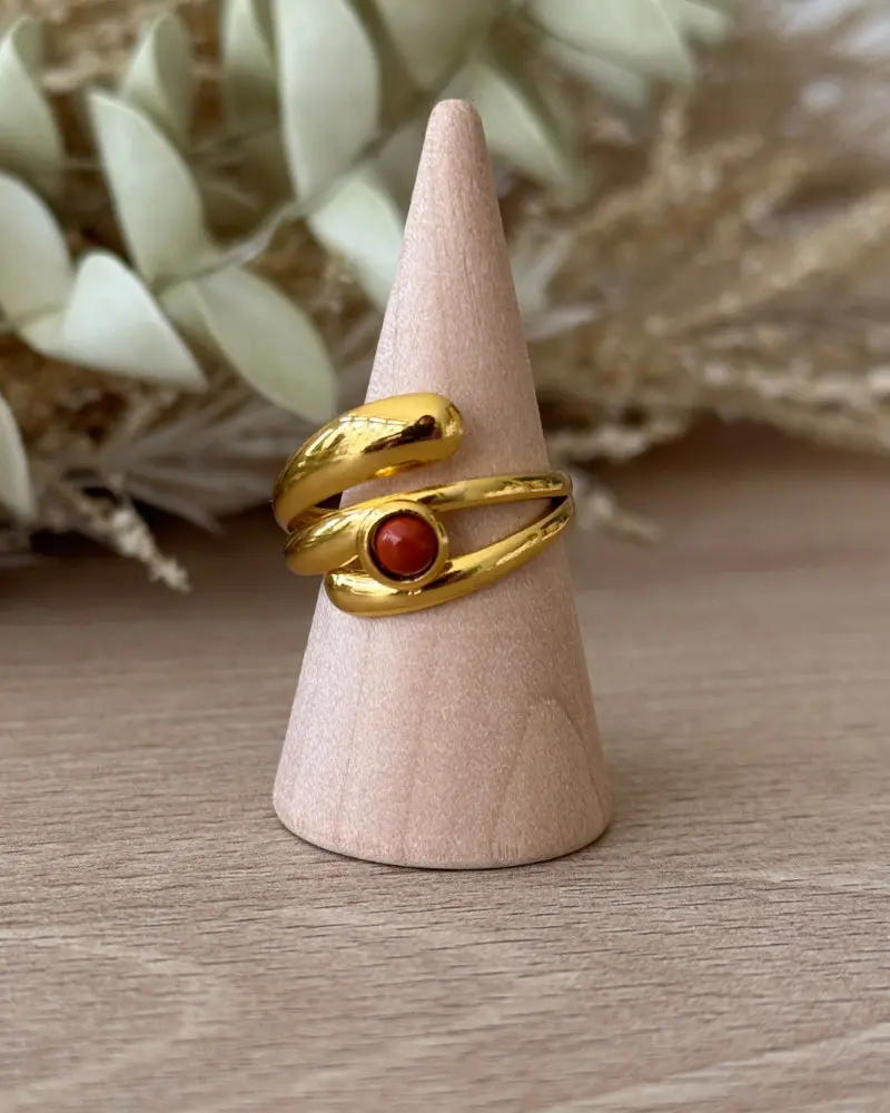 bague réglable pierre naturelle acier inoxydable doré jaspe rouge cabochon