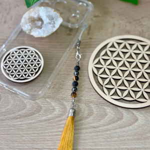 Bijou de téléphone en pierres naturelles Œil de Tigre, Hématite et Pierre de Lave – modèle Protection & Ancrage