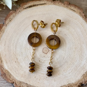 boucles d’oreilles œil de tigre anneau design graphique acier