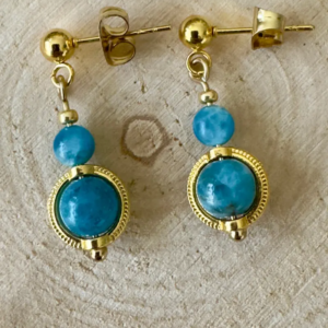 détail boucles d’oreilles perle encerclée pierre naturelle sertie acier inoxydable