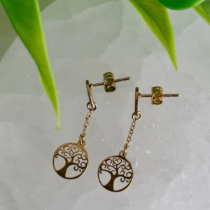 Boucles d’oreilles Racines céleste dorées – pampilles arbre de vie suspendues à une chaînette, bijou en acier inoxydable doré Kti Pearl Bijoux