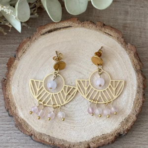 boucles d’oreilles pierre naturelle personnalisées éventail quartz rose acier inoxydable doré