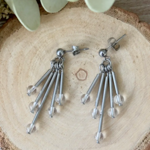 Boucles d’oreilles éventail en acier inoxydable avec pierres naturelles en cristal de roche