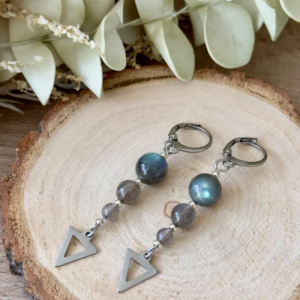 boucles d’oreilles flèche pierre naturelle labradorite acier inoxydable argenté