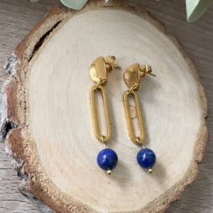 boucles d’oreilles maillon graphique doré avec lapis-lazuli