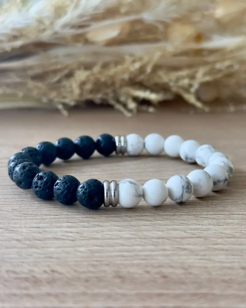 bracelet calme et ancrage homme en howlite et pierre de lave 8 mm