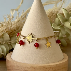 bracelet chaîne céleste acier inoxydable doré pierres naturelles cornaline étoiles soleil