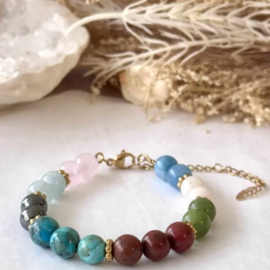 bracelet chemin de vie chemin solide 8 mm doré perles groupées pierres naturelles vue globale bracelet