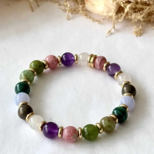 bracelet chemin de vie souplesse naturelle 8 mm doré perles alternées avec séparateurs pierres naturelles vue rapprochée