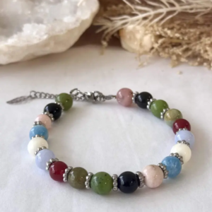 bracelet chemin solide 8 mm avec séparateurs argenté détail fermoir mousqueton et chaîne ajustable pierres naturelles