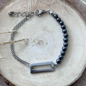 bracelet asymétrique femme en pierres naturelles avec chaîne double acier inoxydable argenté