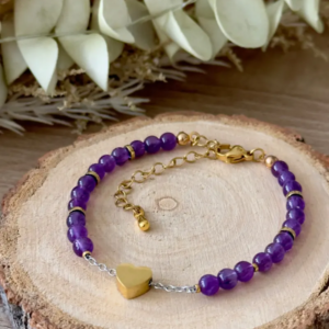 bracelet pierres naturelles femme améthyste cœur acier inoxydable doré