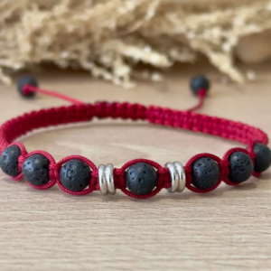 Bracelet pierre de lave 8 mm détail perles macramé rouge intercalaires acier inoxydable Le Séna