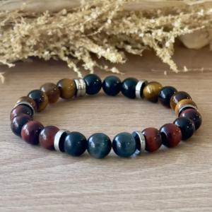 bracelet protection homme en œil de tigre œil de taureau et œil d’aigle 8 mm vue d’ensemble