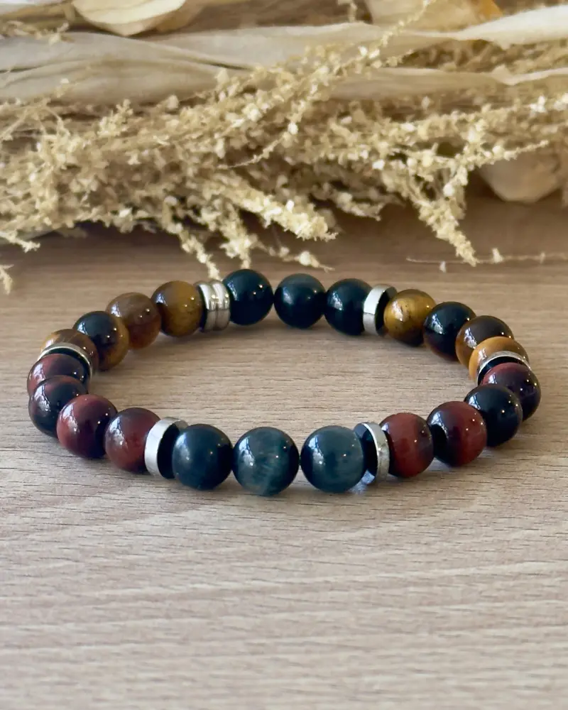 bracelet protection homme en œil de tigre œil de taureau et œil d’aigle 8 mm vue d’ensemble