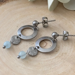 détail boucles d’oreilles anneau pierre naturelle aigue-marine texture acier inoxydable