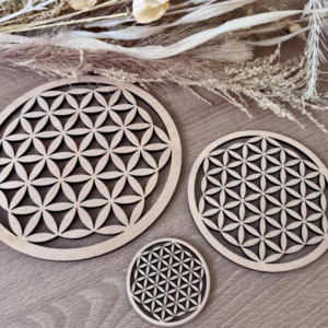 Fleurs de vie en bois naturel en différentes tailles sur fond décoratif -symbole de géométrie sacrée en décoration
