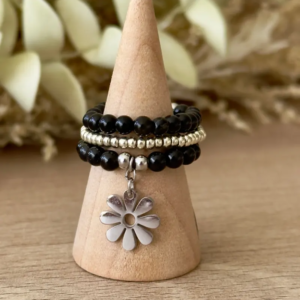 Trio de bagues pierres naturelles Miyuki élastiques en agate noire avec breloque en acier inoxydable