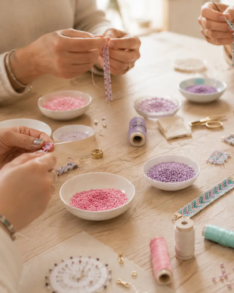 Atelier de tissage Peyote pair avec apprentissage des premiers rangs et réalisation progressive d'un bracelet personnalisé.