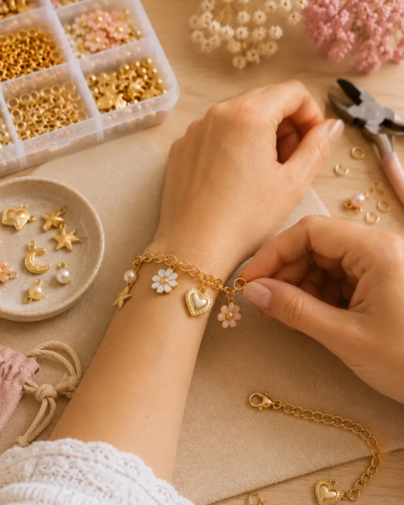 Création d’un bracelet à breloques personnalisé lors d’un atelier de bijouterie fantaisie, avec ajout de charms décoratifs sur une chaîne dorée à l’aide de techniques de montage artisanales.