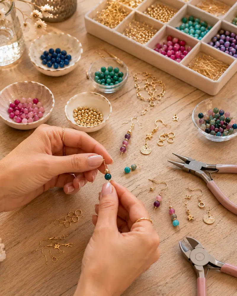 Participante en atelier de création de boucles d’oreilles choississant ses perles et éléments de montage.