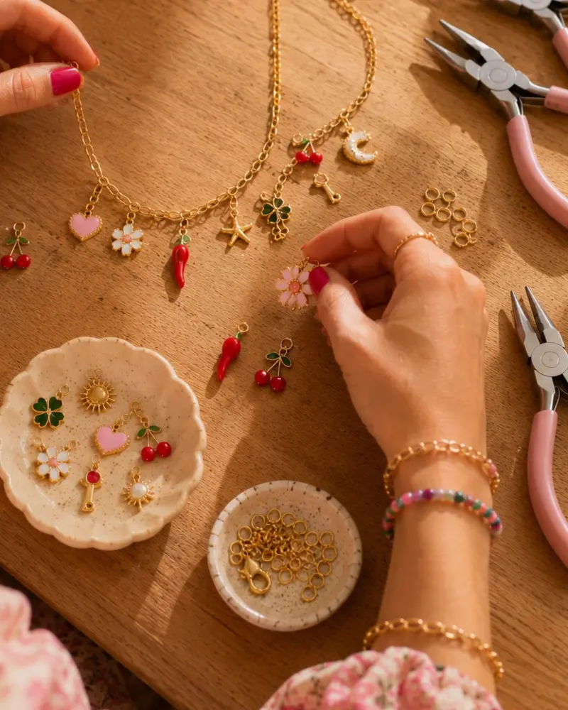 Atelier de création de collier à breloques avec choix de charms, chaînes et accessoires de bijouterie sur une table d'atelier créatif.