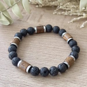 Bracelet homme Bois & Pierre en pierre de lave naturelle, bois naturel et acier inoxydable, création artisanale Ktipearl Bijoux.