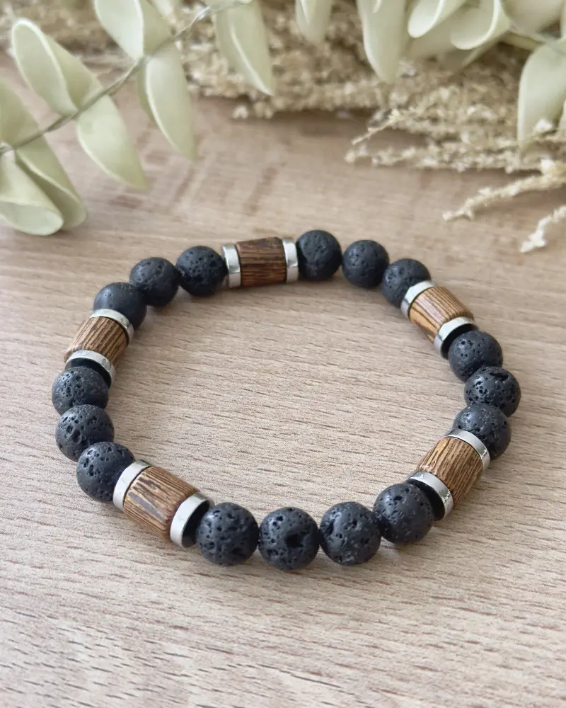 Bracelet homme Bois & Pierre en pierre de lave naturelle, bois naturel et acier inoxydable, création artisanale Ktipearl Bijoux.