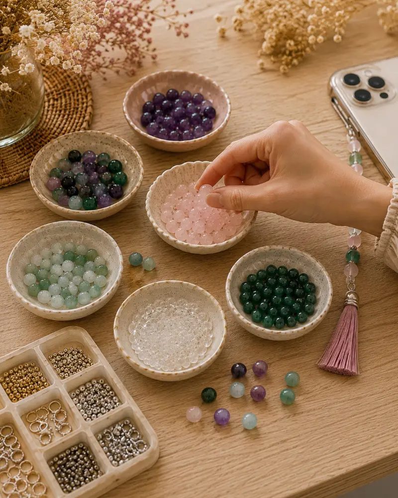 Sélection de pierres naturelles et de fournitures pour la création d’un bijou de téléphone personnalisé en atelier.
