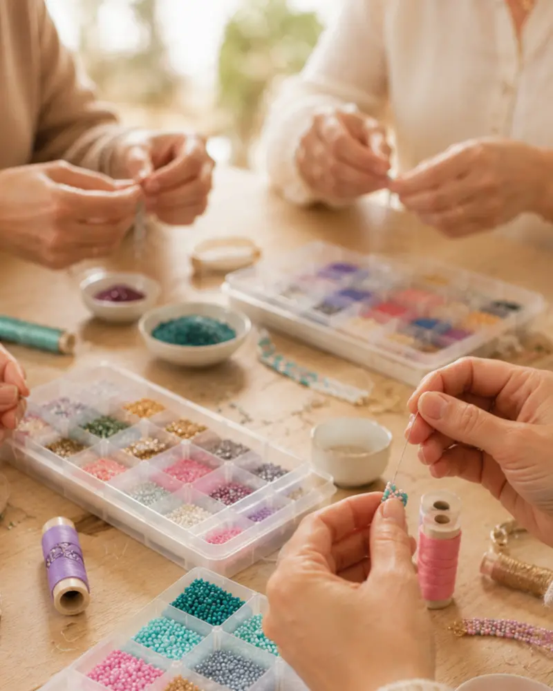 Participantes découvrant la technique du tissage Peyote pair autour d'une table créative avec perles Miyuki et matériel de tissage.