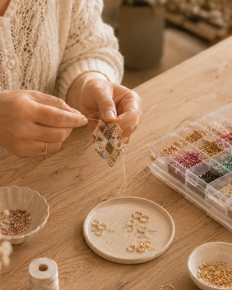 Participante réalisant un tissage Brick Stitch à l’aiguille avec des perles Miyuki Delica, entourée du matériel nécessaire à la création de boucles d’oreilles artisanales.