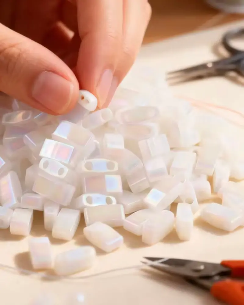 Gros plan sur des perles Half Tila blanches nacrées utilisées lors d’un atelier de création de bracelet moderne et tendance.