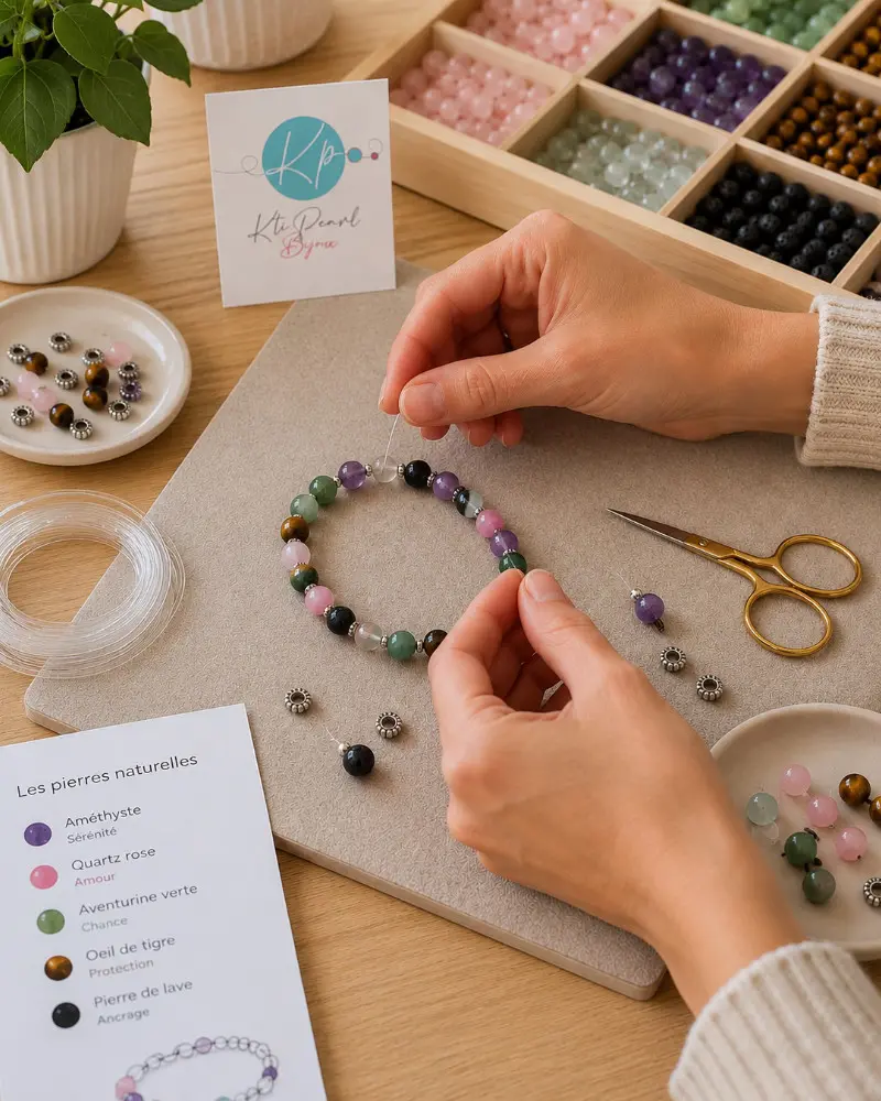 Participant à un atelier de création de bracelet personnalisé choisissant la taille des perles, les pierres naturelles, les séparateurs inox et les breloques décoratives.
